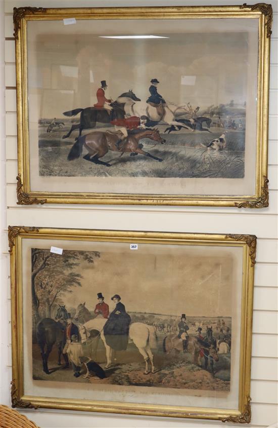 Giles after Herring, pair of colour lithographs, J.F Herrings Senior Fox Hunting, The Run and The Meet, 70 x 94cm